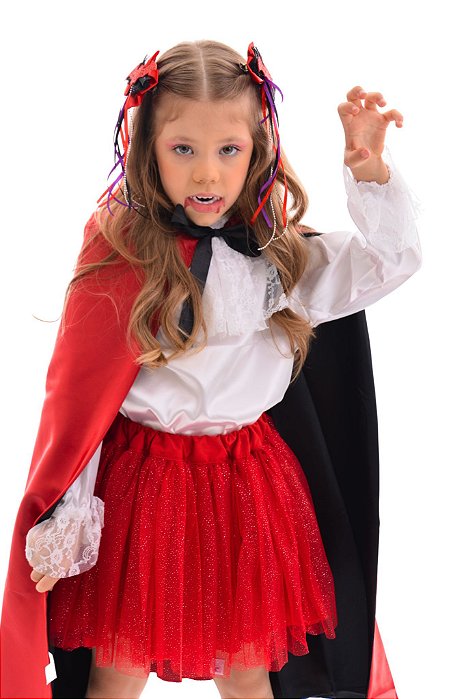 Fantasia Vampira Levada VERMELHA - Camisa + Saia + Capa + Dentinhos