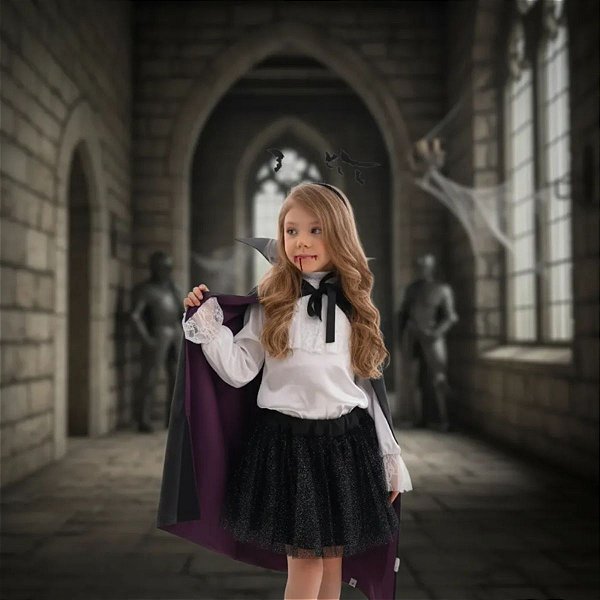 Fantasia Conde Drácula Menina - Camisa + Saia + Capa + Dentinhos