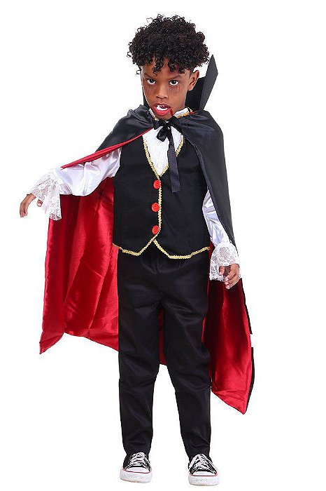 Fantasia Completa Vampiro Levado - Camisa + Colete + Calça + Capa + Dentinhos