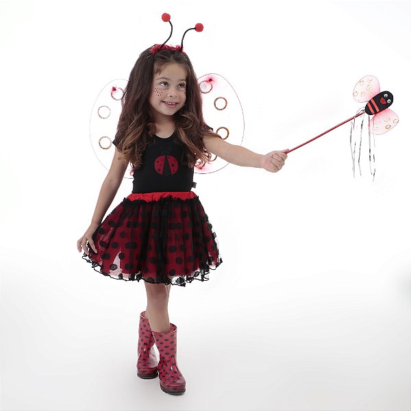 Fantasia Joaninha Sortuda - body, saia tutu, asas, tiara e varinha