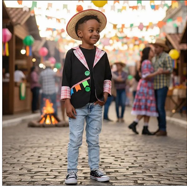 Paletó Noivo Festa Junina - Preto com Xadrez Laranja