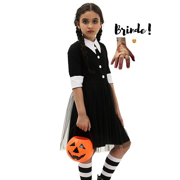 Fantasia Wandinha ALGODÃO + balde de abóbora | brinde LUVA MÃOZINHA