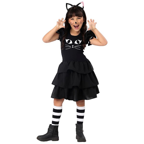 Fantasia Vestido Gato Preto Infantil Menina | Brinde Tiara