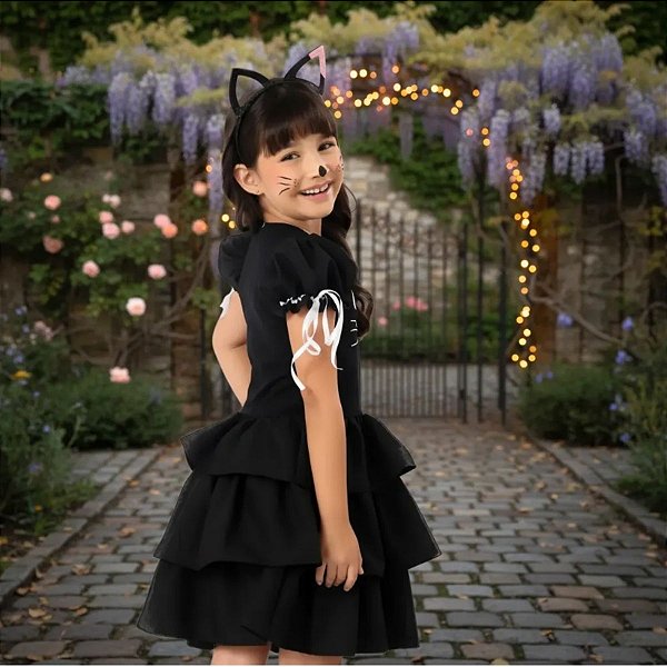 Fantasia Vestido Gato Preto Infantil Menina | Brinde Tiara