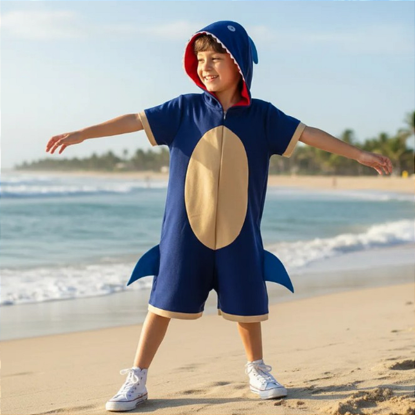 Fantasia Tubarão Infantil Luxo Macaquinho com Capuz