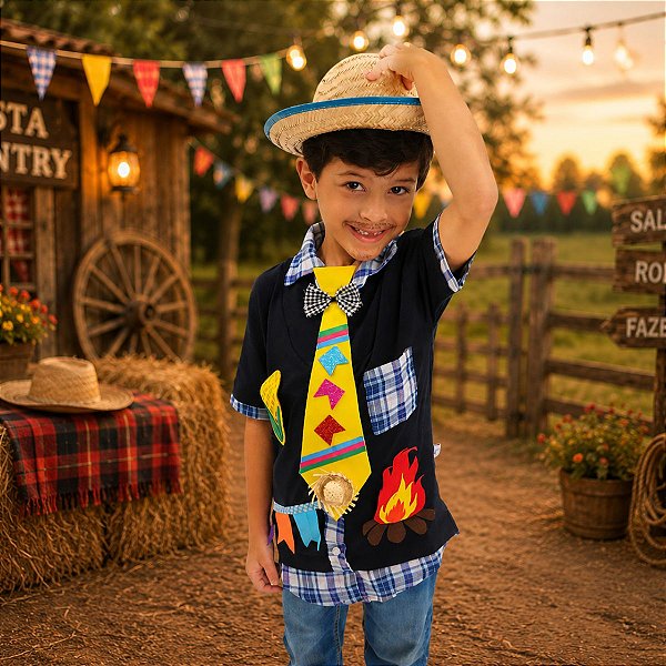Roupa Festa Junina Infantil CAMISA AZUL + GRAVATA + CHAPÉU