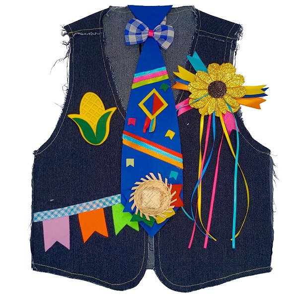 Colete Festa Junina JEANS Infantil + BROCHE + GRAVATA AZUL ROYAL