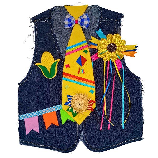 Colete Festa Junina JEANS Infantil + BROCHE + GRAVATA AMARELA