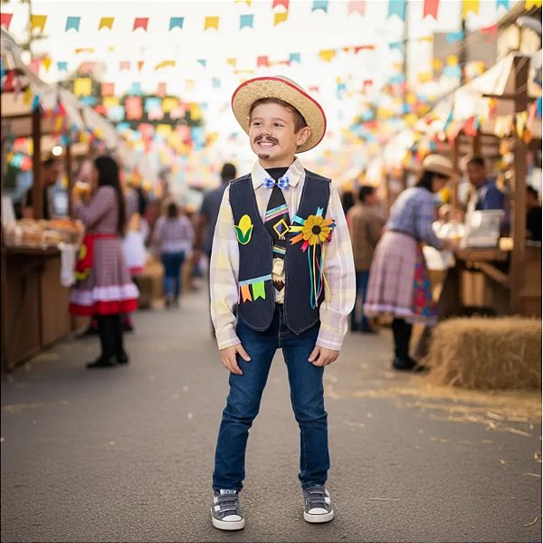 Colete Festa Junina JEANS Infantil + BROCHE + GRAVATA PRETA