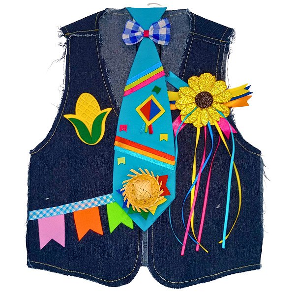 Colete Festa Junina JEANS Infantil + BROCHE + GRAVATA TURQUESA