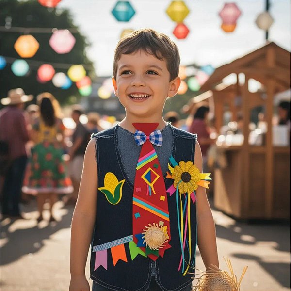 Colete Festa Junina JEANS Infantil + BROCHE + GRAVATA VERMELHA