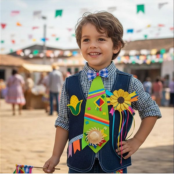 Colete Festa Junina JEANS Infantil + BROCHE + GRAVATA VERDE