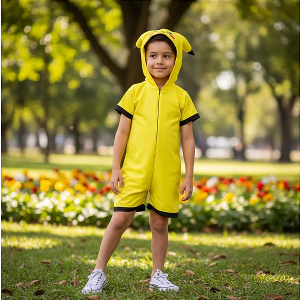 Fantasia Pikachu Infantil Curta Tactel Macaquinho Capuz