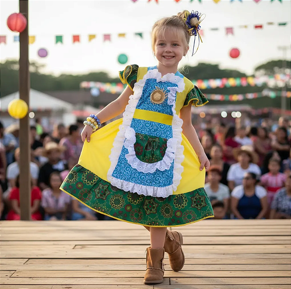 Vestido Festa Junina Verde e Amarelo