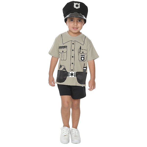 Fantasia Policial | ALGODÃO | CAMISETA + SHORTS + BOINA
