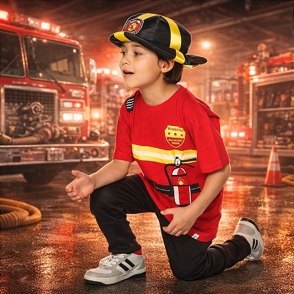 Fantasia Bombeiro | ALGODÃO | CAMISETA + CALÇA + CHAPÉU
