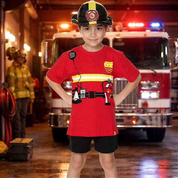 Fantasia Bombeiro | ALGODÃO | CAMISETA + SHORTS + CHAPÉU