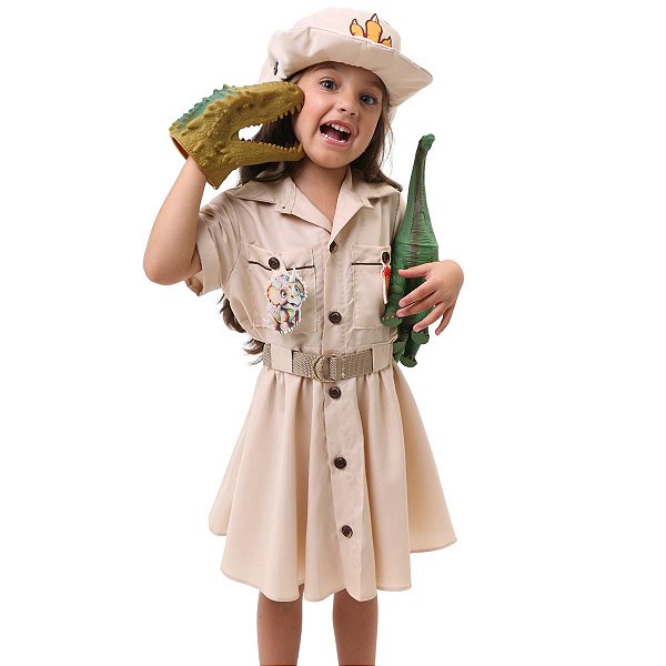Fantasia Caçador de Dinossauros Paleontólogo | VESTIDO + CINTO + APLIQUES + CHAPÉU