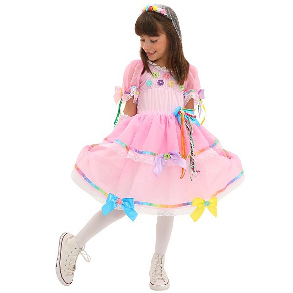 Vestido Noiva Infantil Festa Junina ROSA + TIARA + LUVAS
