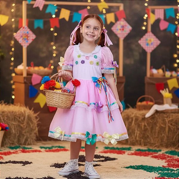 Vestido Infantil Quadrilha Festa Junina Caipira FLORES ROSA