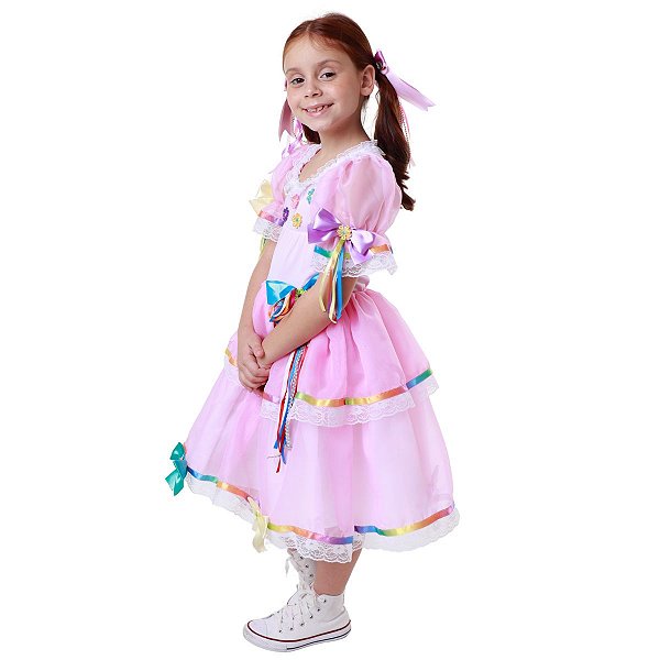 Vestido Infantil Quadrilha Festa Junina Caipira FLORES ROSA