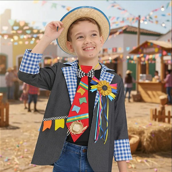 Paletó Noivinho Caipira Infantil Jeans + BROCHE + CHAPÉU