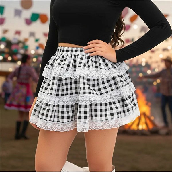 Saia Babado Xadrez PRETO E BRANCO c/ RENDA Festa Junina TEEN