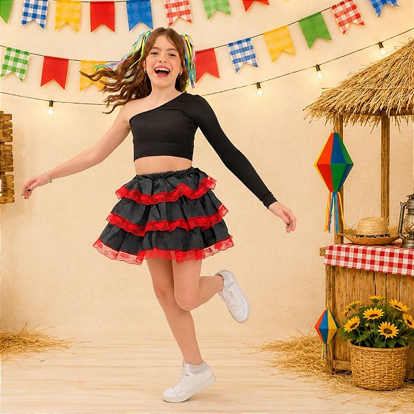 Saia Babado JEANS com Renda VERMELHA - Festa Junina - TEEN