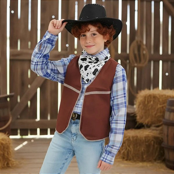 Roupa Cowboy LUXO COMPLETA CAMISA + COLETE + LENÇO + CHAPÉU
