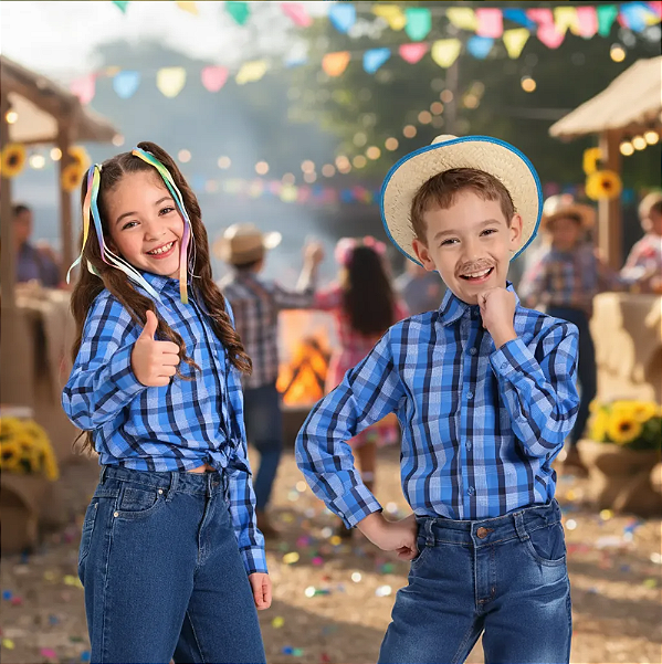 Camisa Festa Junina Xadrez AZUL Quadrilha - COUNTRY