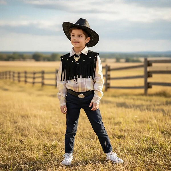 Roupa Cowboy LUXO CAMISA + COLETE + GRAVATINHA + CINTO + CHAPÉU