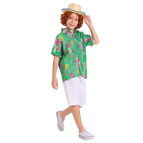 Roupa Carimbó Infantil Menino Floral VERDE - CAMISA +BERMUDA