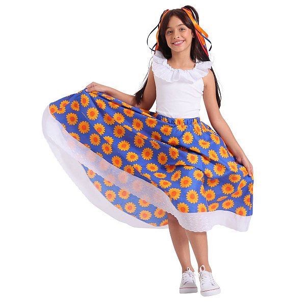 Roupa Carimbó Infantil Menina Floral AZUL - BLUSA + SAIA