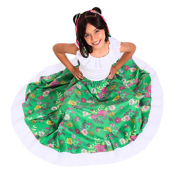Roupa Carimbó Infantil Menina Floral VERDE -BLUSA + SAIA