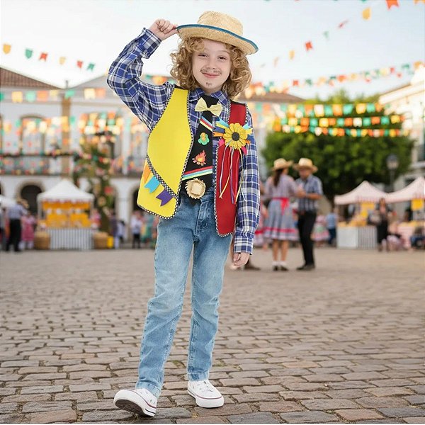 Colete Festa Junina Vermelho e Amarelo +BRINDE GRAVATA PRETA