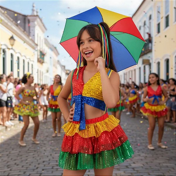 Roupa Frevo Luxo COMPLETO Infantil Menina - 3 itens