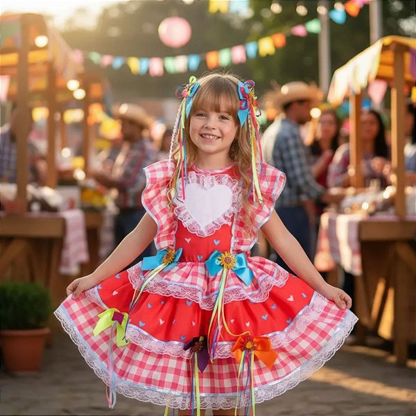 Vestido Festa Junina Infantil CUPCAKE Rosa e Vermelho LUXO