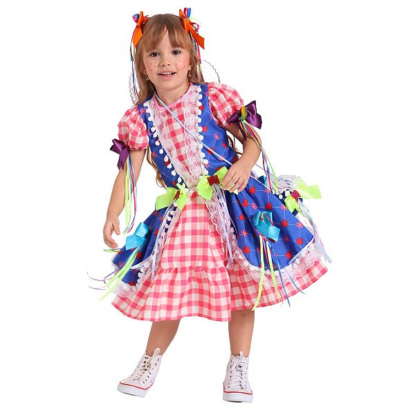Vestido Festa Junina Infantil ARROZ DOCE Rosa e Azul LUXO