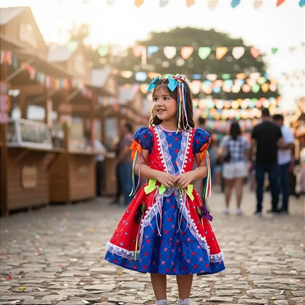 Vestido Festa Junina Infantil PÉ DE MOÇA Azul Vermelho LUXO
