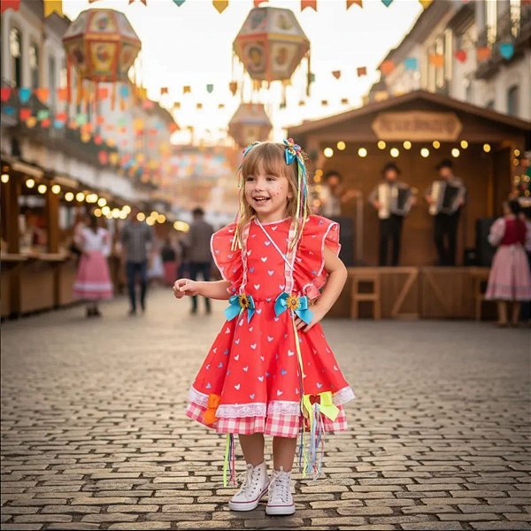 Vestido Festa Junina Infantil MAÇÃ DO AMOR Rosa e Vermelho LUXO