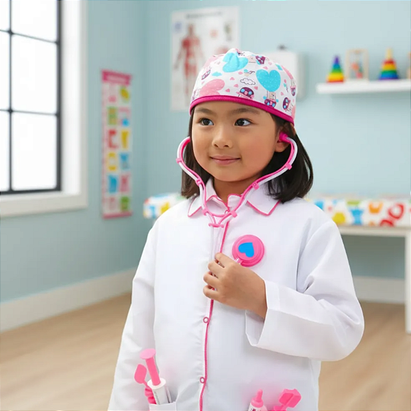 Fantasia Médica Rosa Infantil com Maleta | Jaleco e Touca