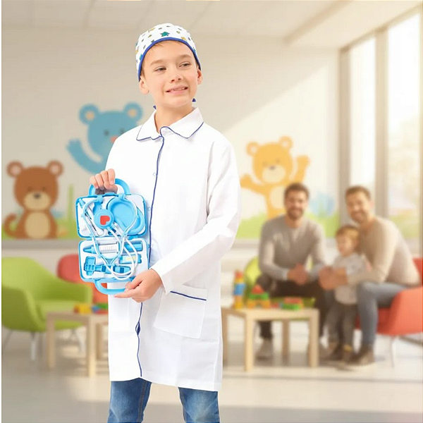 Fantasia Médico Infantil Azul Jaleco Touca Maleta