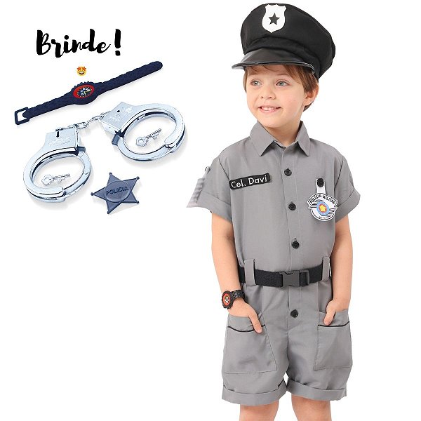 Fantasia Policial Infantil com Quepe BORDADA | Brinde KIT