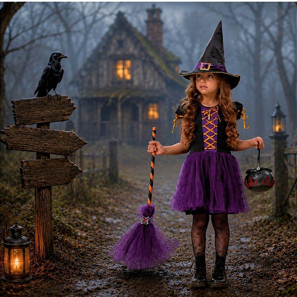 Fantasia Bruxa Infantil Halloween LUXO | brinde VASSOURA