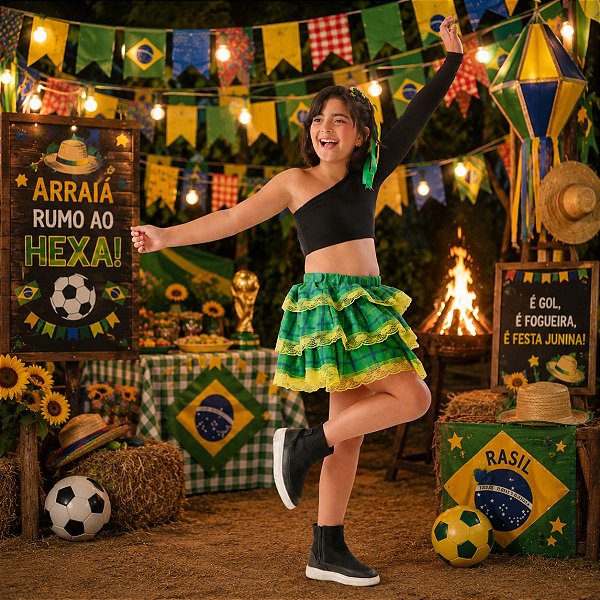Saia Junina Xadrez VERDE E AMARELA c/ RENDA Festa Junina