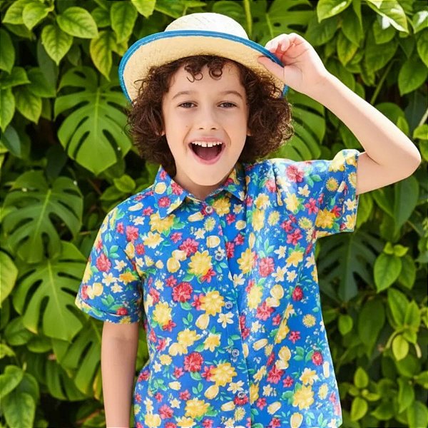 CAMISA Carimbó Infantil Menino Floral AZUL HAVAINA