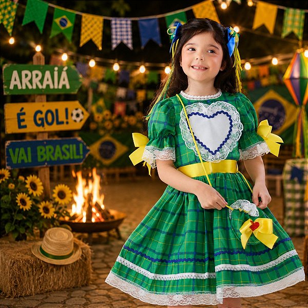 Vestido Festa Junina Infantil COPA Verde e Amarelo LUXO