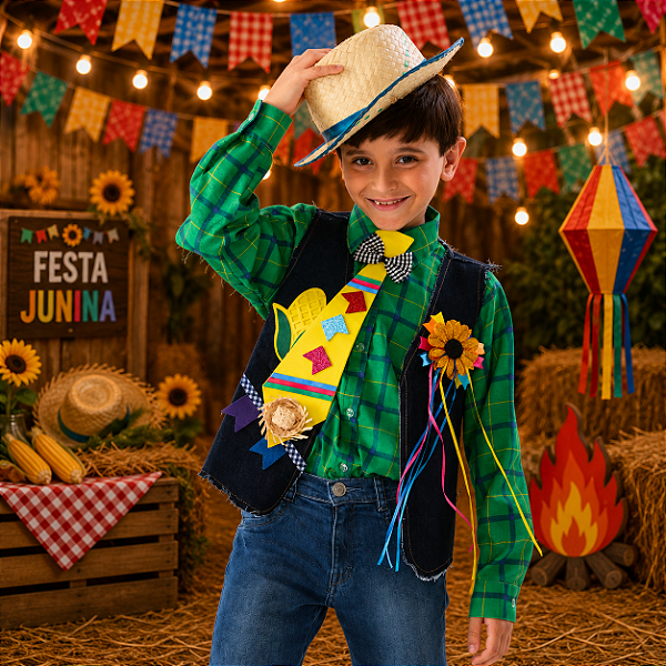 Camisa Festa Junina Infantil Verde e Amarela COPA - XADREZ