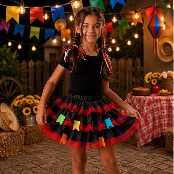 Saia Junina Customizada com Bandeirinhas e Renda VERMELHA