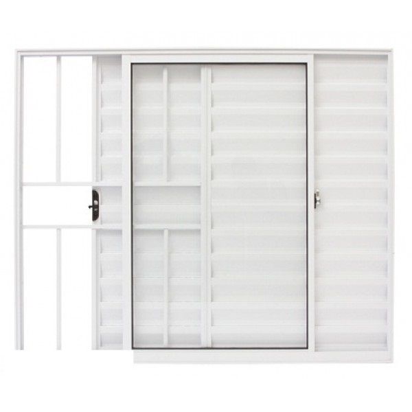 JANELA VENEZIANA 3 FOLHAS UMA FIXA COM GRADE ALUMÍNIO BRANCO LINHA MODULAR